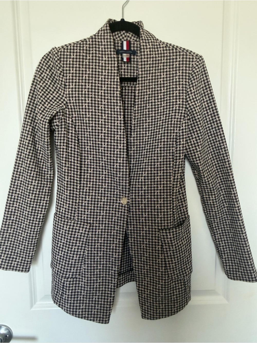 Tommy Hilfiger Womens Houndstooth Blazer Long Sleeve Collared SZ 2 Black & White